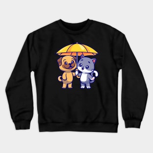 Cute Pug Dog And Cat Standing Under Umbrella Cartoon Crewneck Sweatshirt